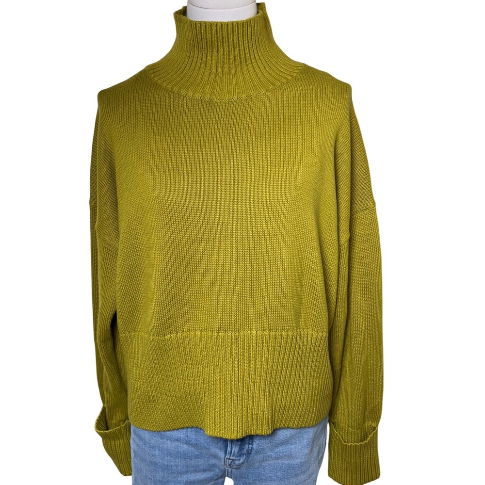 Chartreuse Cotton Turtleneck Sweater Cozy‎ Rib Knit Oversized S25 Women XS